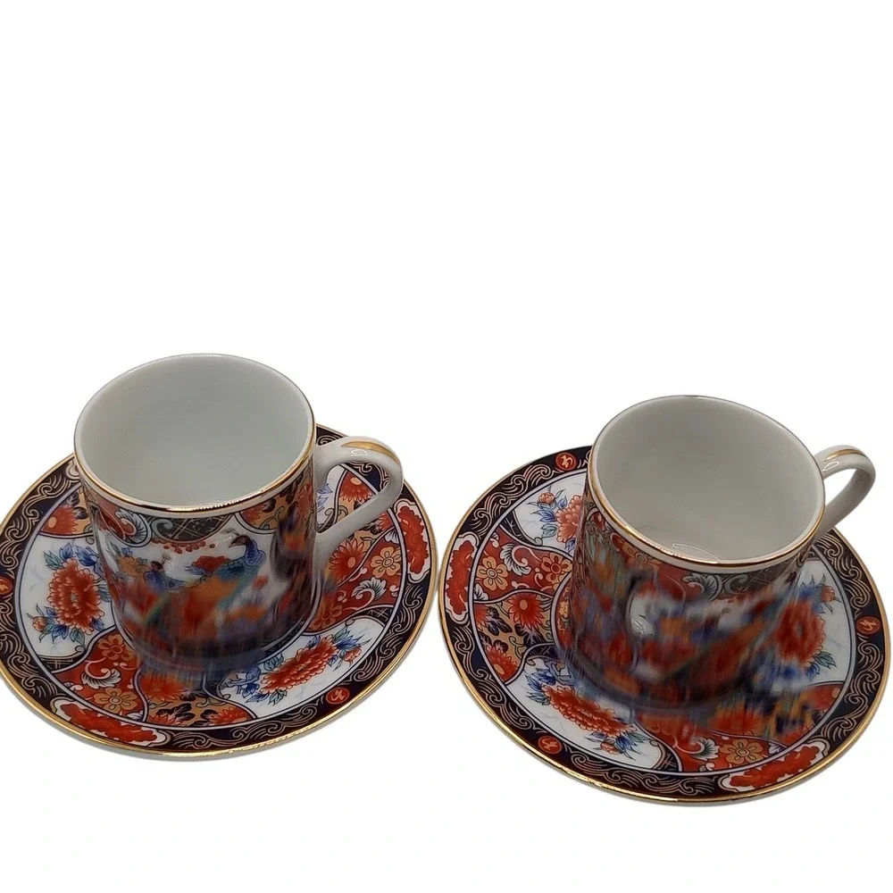 Vintage Japanese Imari Arita Demitasse‎ Cups Saucers Peacock Handmade Four Piece